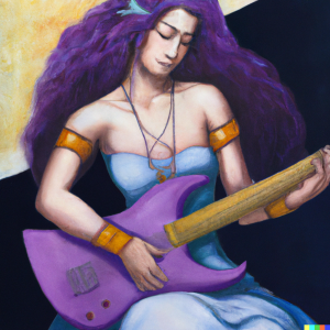Generated by DALL-E AI Image Generator AI Generated image of a goddess playing electric guitar