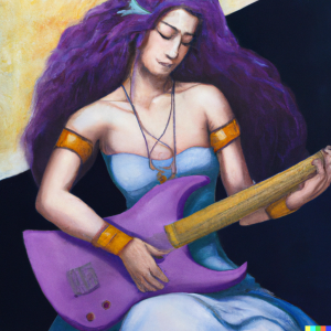 AI Generated image of a goddess playing electric guitar