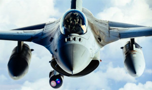 An Air Force F-16 in the air, " Centcom".