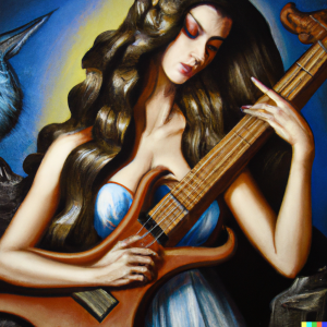 Generated by DALL-E AI Image Generator AI Generated image of a goddess playing electric guitar
