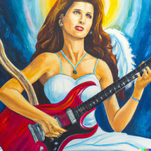 Generated by DALL-E AI Image Generator AI Generated image of a goddess playing electric guitar