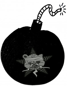 A drawing of a round cartoon bomb - like a cannonball with the lighted fuse coming out of it - with the Self Help Radio logo on it.