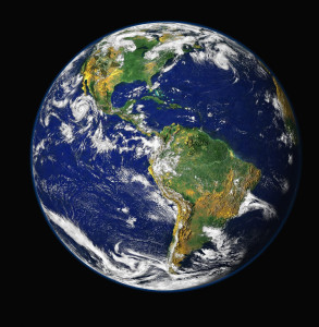 A stock photo of the planet Earth, looking at the western hemisphere, with the Self Help Radio logo floating over the western part of the United States.