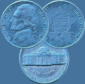 Three images of a nickel, two normal, one with the Self Help Radio logo on it.